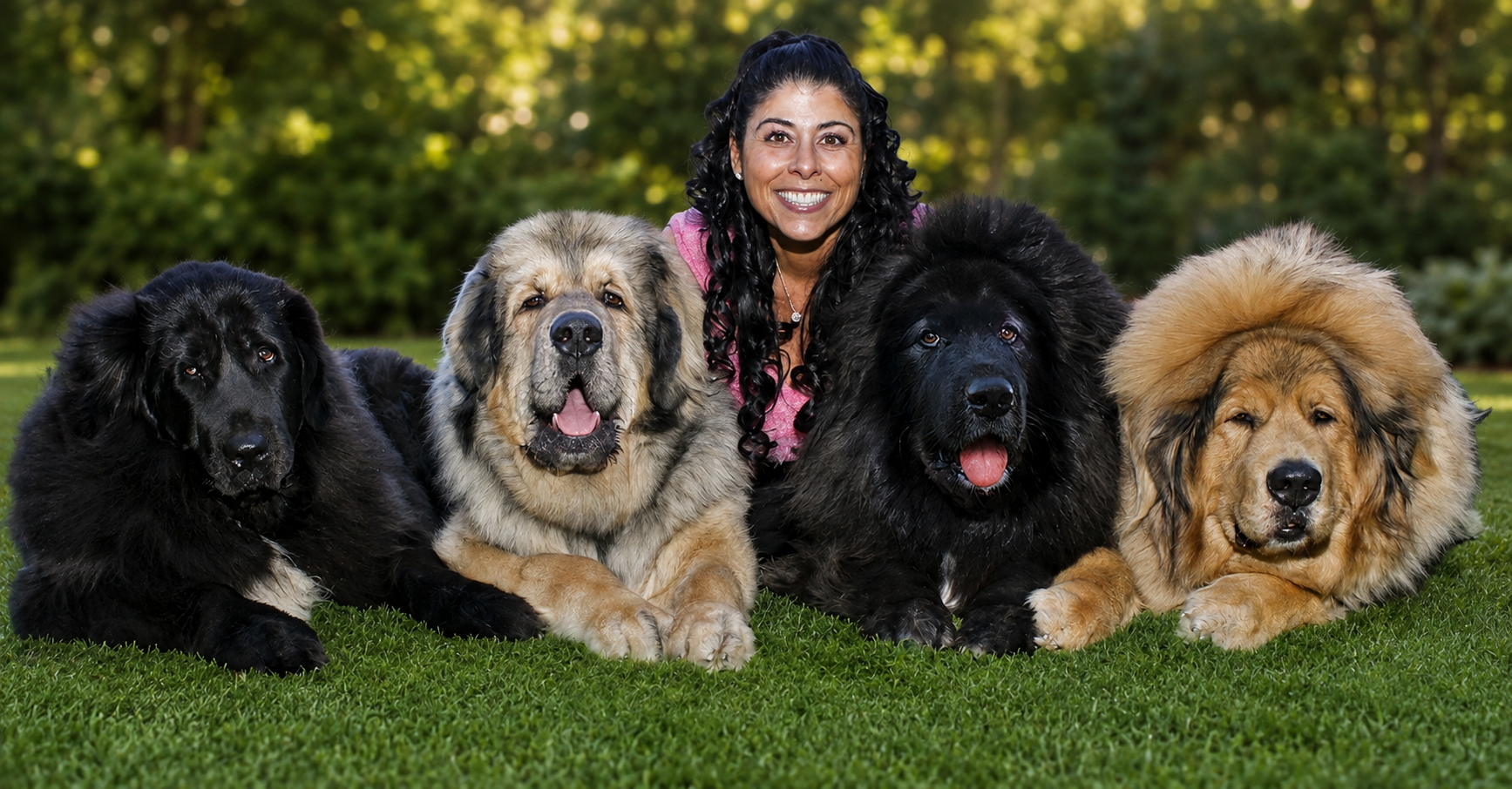 Turf Magik founder Jill seated with her four large dogs on artificial turf